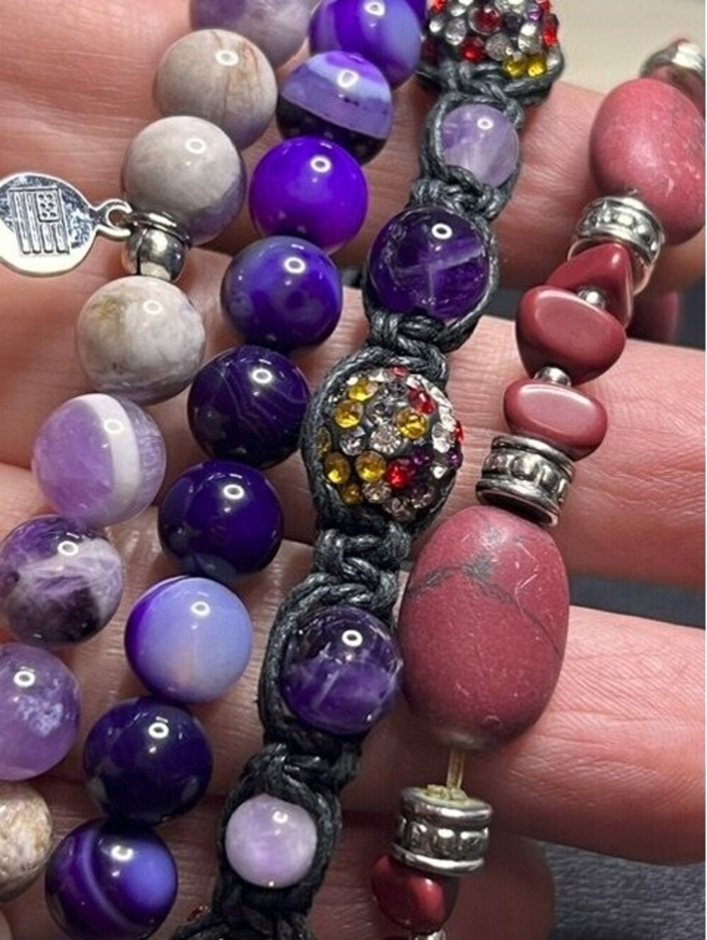 B6258 4pc Stone Bead Bracelet 925 VW Bus Charm boho amethyst Jasper hippie
